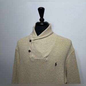 Ralph Lauren Polo Men's XL Knit Beige Tan Shawl Collar Pullover Sweater Preppy